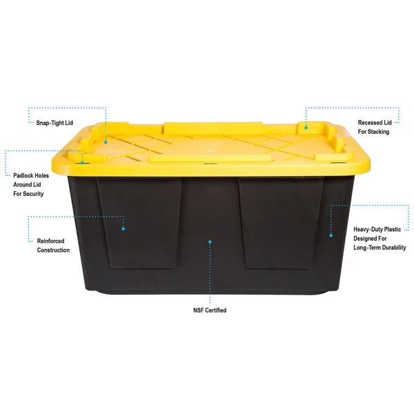 Heavy-duty 27-gallon tote with snap-tight lid, stackable design, reinforced construction